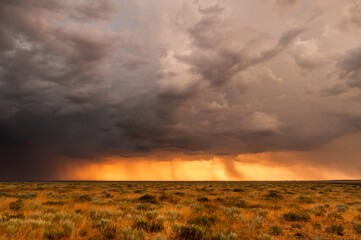 Dramatic thunderstorm over arid grassland with glowing orange sky
