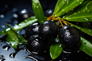 Fresh Black Olives on Green Foliage