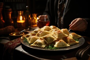 Ravioli filled with cheese at a meeting of friends in Sicily, with traditional music., generative IA