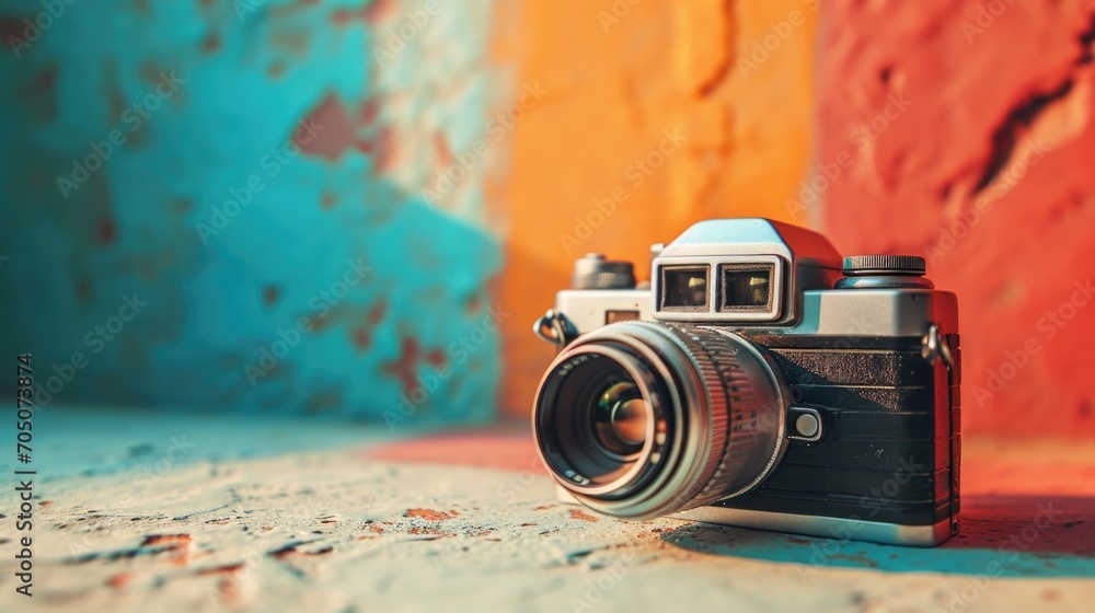 Aufkleber a camera sitting on top of a table next to a wall. can be used for various photography concepts