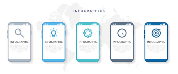 5 step phone infographics with icon options - obrazy, fototapety, plakaty