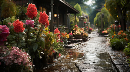 A garden at the old Chinese house in bloom during April showers, with raindrops on flowers and...