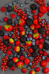 Berries. Various colorful berries Strawberry, Raspberry, Blackberry, Blueberry close-up Bio Fruits, Healthy eating,