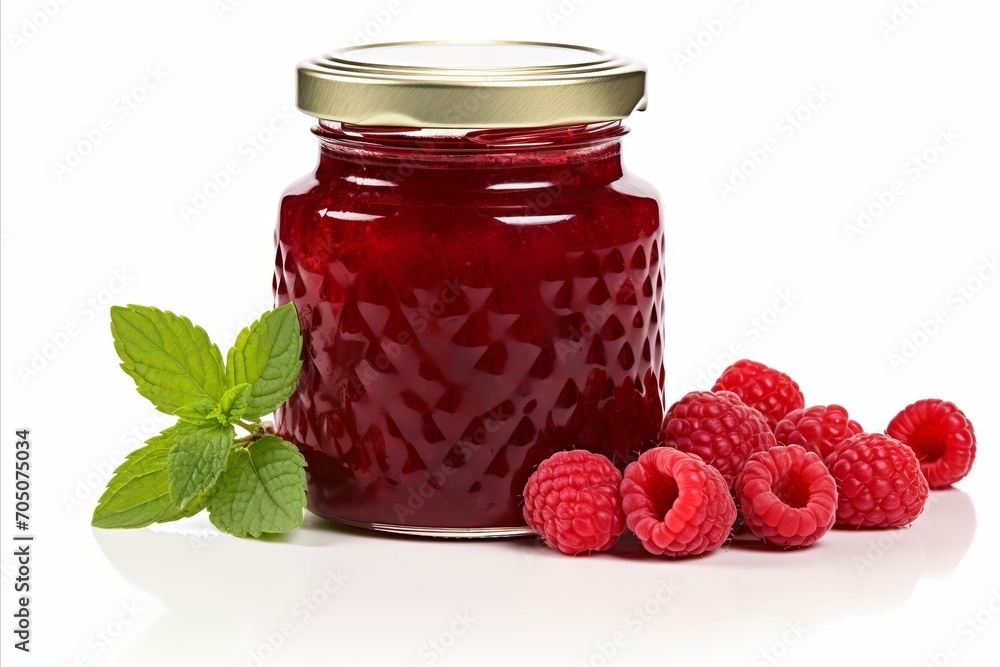 Aufkleber homemade raspberry jam in glass jar, isolated on white background with copy space for text placement
