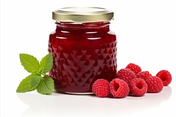 Homemade raspberry jam in glass jar, isolated on white background with copy space for text placement