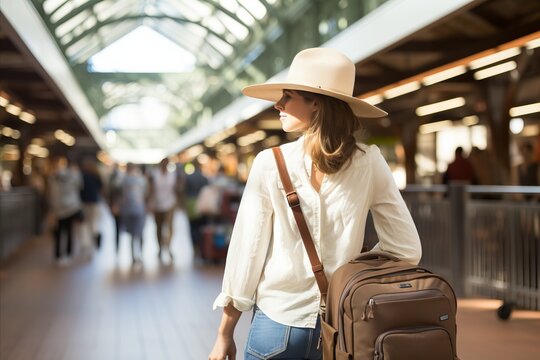 Tourist woman with luggage at hotel - Travel and Vacation Concept for Holiday Relaxation
