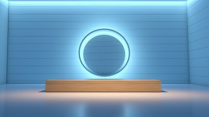 A blue wall with a circular light on it Generative AI