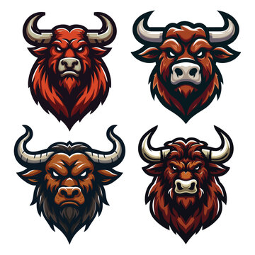 set of wild strong animal bull head face mascot design vector illustration, logo template isolated on white background