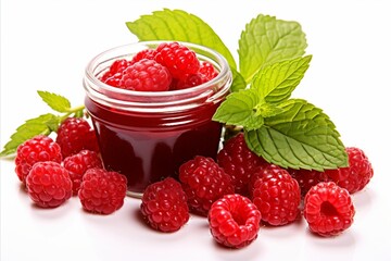 Delicious raspberry jam in glass jar on white background with text space for branding and creativity