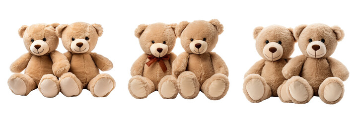 Two teddy bears sit together. Kids toys slated on white background
