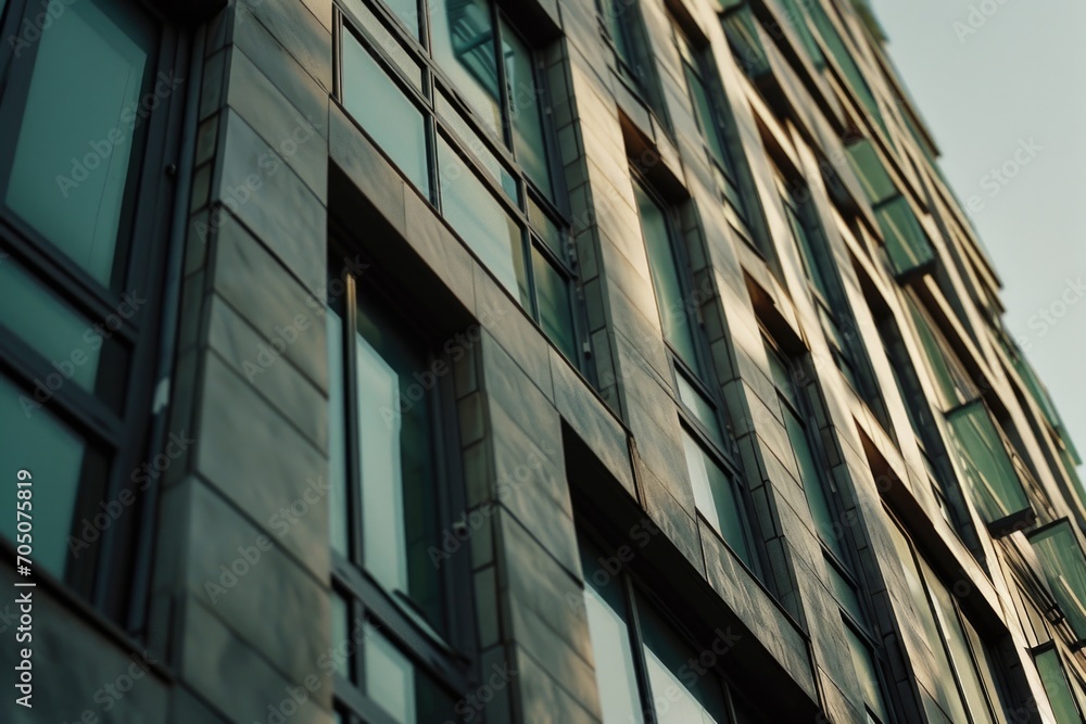 Poster A tall building with numerous windows and a street light. This image can be used to depict urban architecture and cityscape