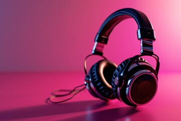 Fototapeta na wymiar A pair of headphones resting on a vibrant pink surface. Perfect for music lovers and technology enthusiasts