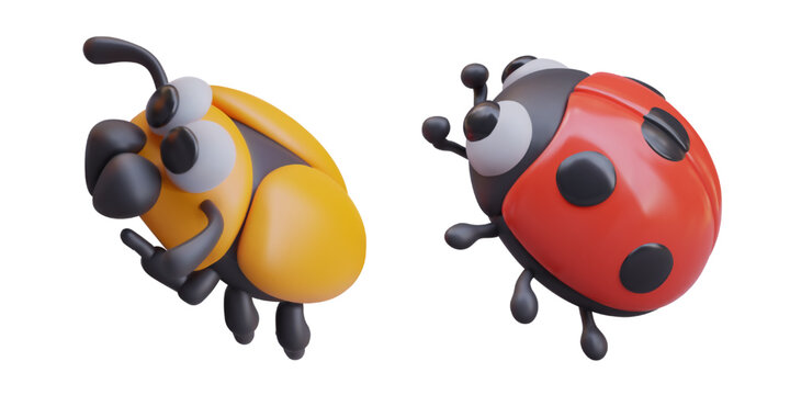 Side view on cartoon insect characters on white background. Realistic yellow scarab and red ladybird. Flying bugs set. Vector illustration in 3d style