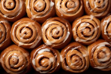 Fototapeta premium Cinammon roll buns on oven tray flat lay. Baking classic traditional pastry sweet food. Hygge and Lykke concept.