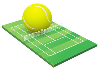 3D lawn tennis court with a giant neon tennis ball (cut out)