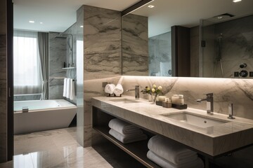 minimal modern interior of luxury white gray marble bathroom design in luxurious classic hotel with bathtub