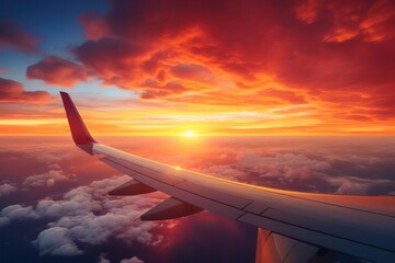 sunrise or sunset view from airplane window with plane wing in shot. Beautiful pink orange sky with...