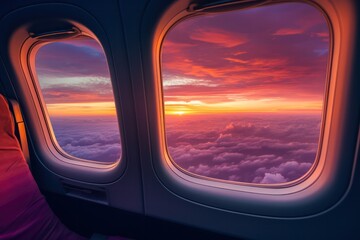 purple pink sunrise or sunset view from airplane window. Beautiful  sky with clouds.