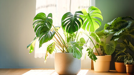 Monstera, a tropical houseplant with large leaves. A stock photo capturing the lush beauty of indoor greenery, perfect for home decor concepts.
