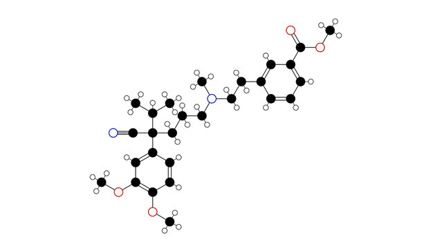 etripamil molecule, structural chemical formula, ball-and-stick model, isolated image phenylbutylamines