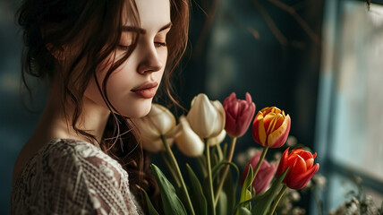 Naklejka premium Beautiful woman with bouquet of tulips