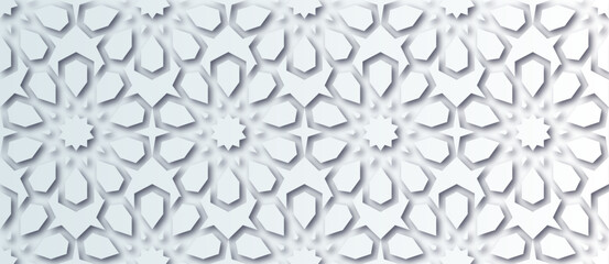 Islamic Ornament Vector. White soft grey blue background. Light shadow 3d ramadan eid arabic geometric pattern elements motif. - obrazy, fototapety, plakaty