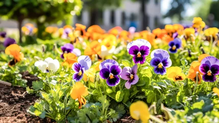 Foto op Aluminium Violet tricolor spring flowers in the garden. A vibrant stock photo capturing the essence of blooming beauty, perfect for seasonal inspirations © Людмила Мазур