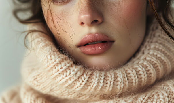 detailed macro of lips and knitted scarf