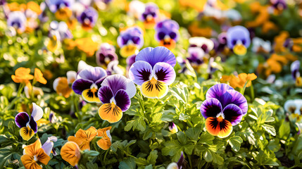 Violet tricolor spring flowers in the garden. A vibrant stock photo capturing the essence of...