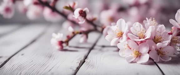 Zelfklevend Fotobehang Plum Flowers Blossom on white wood plank with copy space © Adi