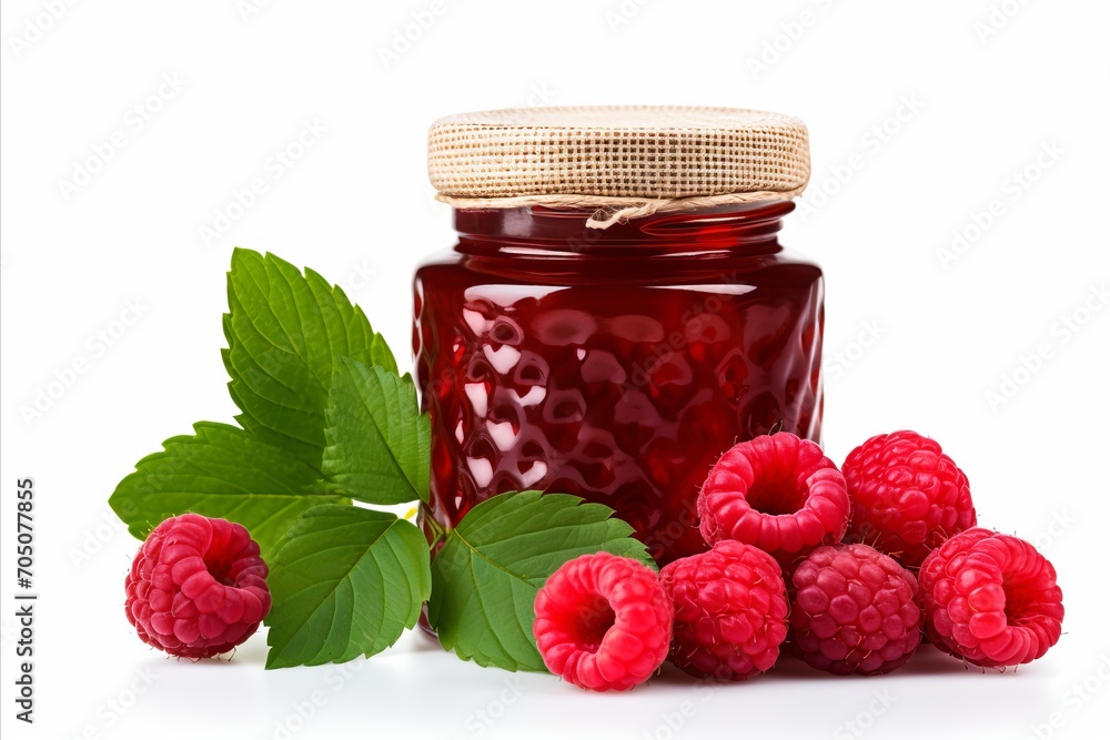 Aufkleber delicious homemade raspberry jam on white background with ample copy space for text placement