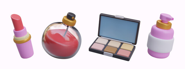 Collection with different cosmetics for females. Red lipstick, perfumes with red liquid, open palette with shadows and bottle with soap. Vector illustration in 3d style