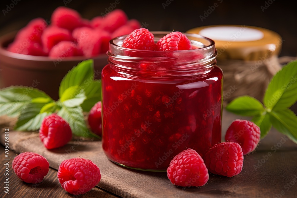 Aufkleber delicious raspberry jam in a glass jar on white background with ample space for text placement