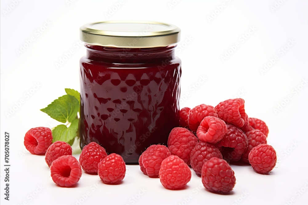 Poster tempting raspberry jam served on a white plate with ample copy space for your text placement