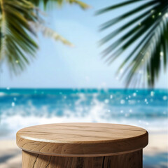 Obraz premium product display on wooden podium with blurred sea tropical beach