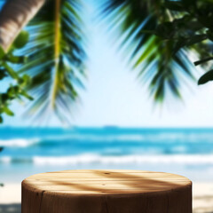 Obraz premium product display on wooden podium with blurred sea tropical beach