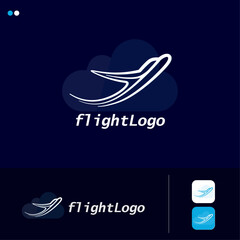 Airplane Company Logo Design Vector. Airline Logo with Plane and Cloud. Aviation business Creative Line Art logo design Template. Aero plane, Aircraft icon or sign or symbol for Travel Agency.