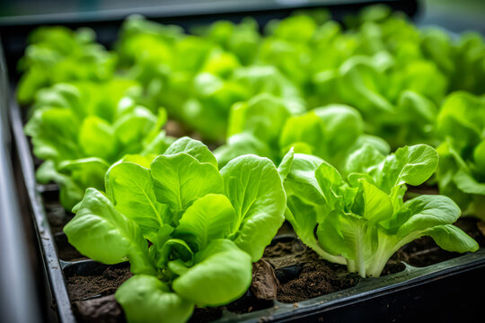 Lettuce thriving in a greenhouse, promoting healthy food. A stock photo showcasing the vitality of homegrown greens for a wholesome lifestyle