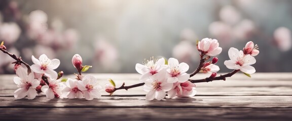 Plum Flowers Blossom on white wood plank with copy space