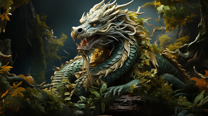 Green dragon, symbol of Chinese New Year 2024, on natural background