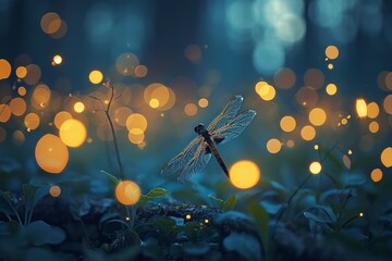 A dragonfly amidst a magical scene of glowing orbs in a twilight forest. - obrazy, fototapety, plakaty