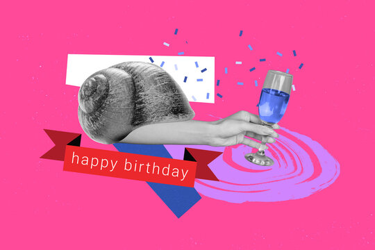 Collage 3d pinup pop retro sketch image of arm growing snail shell wishing happy birthday isolated pink color background