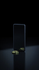 Saving money. Investment concept. Single coin in front of smartphone. Black background. 3d rendering
