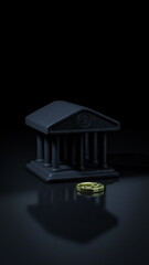 Saving money. Investment concept. Single coin in front of bank icon. Black background. 3d rendering