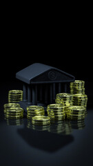 Saving money. Investment concept. stack of coins in front of bank icon. Black background. 3d rendering