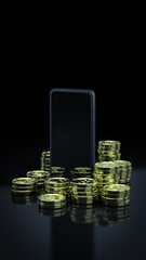 Saving money. Investment concept. stack of coins in front of smartphone. Black background. 3d rendering