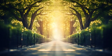 a blurred park avenue in springtime, light at the end of the tunnel, natural symbolic concept for mourning, hope, depression and others with copy space - obrazy, fototapety, plakaty