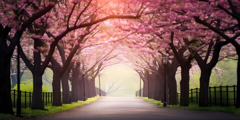 a blurred park avenue in springtime, light at the end of the tunnel, natural symbolic concept for mourning, hope, depression and others with copy space