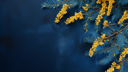 Blue banner with mimosa branch top view, Ai generated image