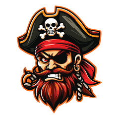 Fototapeta premium Angry pirate head face with hat and eye patch mascot design vector illustration, logo template isolated on white background